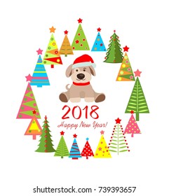 Funny childish colorful applique with puppy and paper cutting fir wreath for 2018 New year