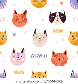 Funny childish colorful cat muzzles seamless pattern. Portraits of cute spotted and striped domestic animals vector flat illustration. Amusing kitty heads or faces with design elements