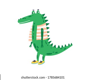 Funny childish crocodile in shoes and vest vector flat illustration. Cute friendly alligator standing isolated on white background. Smiling green exotic predator or tropical reptile