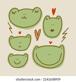 Funny childish cute friendly baby frog minimalist illustration in kawaii style