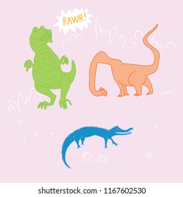 Funny childish dino set. T-rex, mosasaurus, dilodocus vector illustration isolated on background. illustration for kids, fashion clothes, teenagers