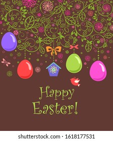 Funny childish Easter card with decorative floral ornament, little bird, hanging painted eggs and birdhouse