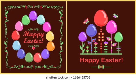 Funny childish Easter greeting cards with colorful painted glass eggs and abstract flowers on the brown background. Flat design
