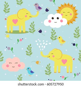 Funny childish elephants and birds. Cute seamless pattern for nice backgrounds