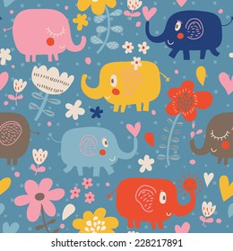 Funny childish elephants in flowers. Cute seamless pattern for nice backgrounds