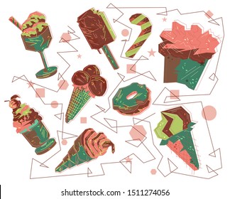 Funny childish flat drawn tasty food. Sweet things gathered together on white background