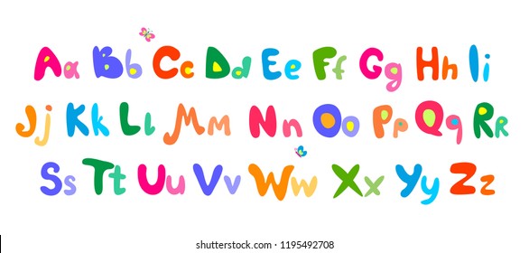 Funny childish hand drawing colorful alphabet. Font in style of comic isolated on white background