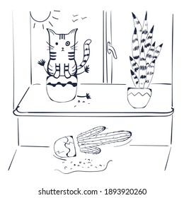 Funny childish hand drawn illustration, cute cat in a flower pot near the window. Cartoon character cat broke flowers in a pot. Minimalism line art illustration, doodle, sketch. Creative kids vector.