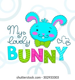 Funny childish illustration with bunny face, vector template for t-shirts design