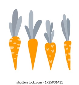 Funny childish illustrations with cute carrots. Four cartoony red carrots isolated on a white background. Cute print for the design of toys, clothes, shoes, goods for children. Wild animal in the
