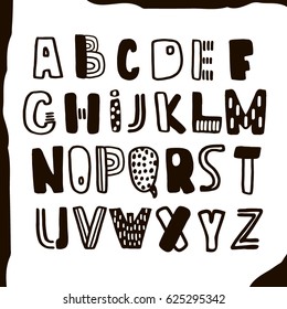 Funny childish made with ink alphabet.Vector cute handcrafted font.