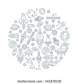 Funny childish outer space cosmos universe doodles collection