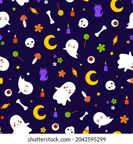 Funny childish pattern with hand-drawn cartoon Halloween symbols. Vector kawaii print with ghosts, fly agarics, eyes and candles for textiles or wrapping paper