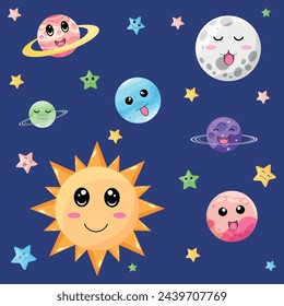 Funny childish planets in row vector flat illustration. Cute celestial bodies with smiling faces. Astronomy for children. Cartoon colorful astronomical objects at night sky. Can be used as stickers or