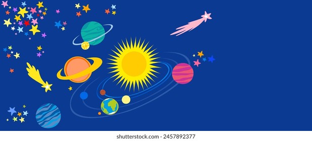 Funny childish planets in row vector flat illustration. Starry space seamless pattern. Аstronomy science starlight background or night sky wallpaper  pattern. Universe starry pattern with glowing star