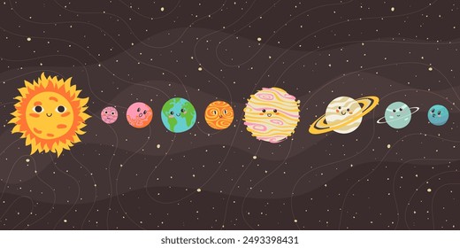 Planetas infantiles divertidos en la ilustración plana del Vector de la fila. Lindos cuerpos celestes con caras sonrientes en secuencia en el espacio exterior. Dibujos animados coloridos objetos astronómicos en el cielo nocturno