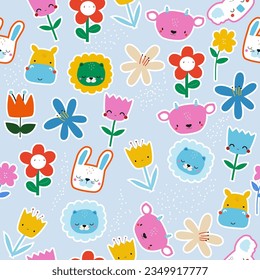 Funny childish print with animals and flowers. Vector hand drawn illustration.