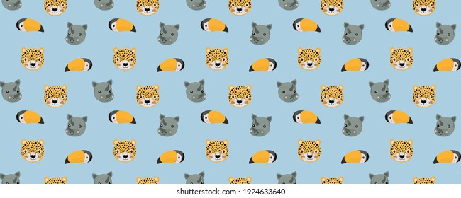 Funny childish seamless pattern of baby rhinos, leopards, and rainbow toucans cheerful cartoon heads on a blue background. Vector.