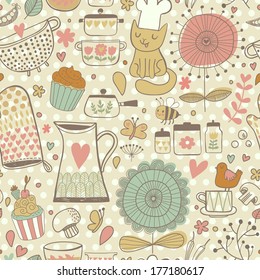 Funny childish seamless pattern with bee, bird, cat, hearts, kitchen elements in vector. Seamless pattern 