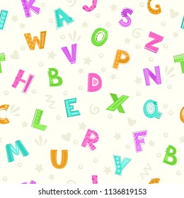 Funny childish seamless pattern with colorful decorative letters. Vector colorful alphabet texture.