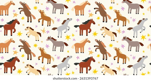 Funny childish seamless pattern with cute horses and stars