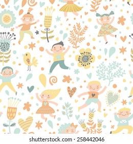 Funny childish seamless pattern in light pastel colors. Boys and girls playing in flowers, birds and hearts in vector