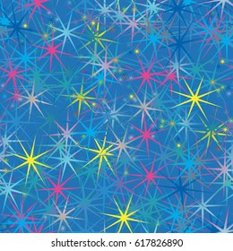 Funny childish seamless pattern with stars of various size and color on blue background.