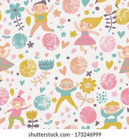 Funny childish seamless pattern in stylish modern colors. Kids are playing in hearts and flowers in vector