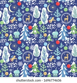 Funny childish seamless wallpaper with Christmas pattern with balls, reindeer, angel, snowy trees, paper snowflakes, crescent, star and little house 