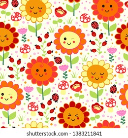 Funny childish smiling cartoon flower characters on a fairy light background repeating vector pattern