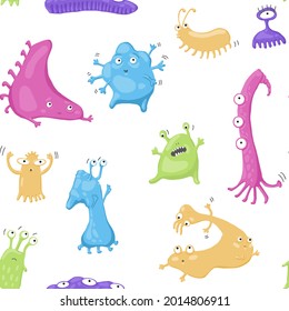 funny childish vector seamless pattern with the image of colored monsters on a white background. pink, blue, orange, green, purple. creatures of different shapes, many paws, eyes.