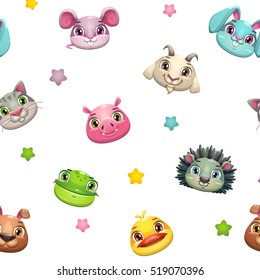 Funny childish vector seamless pattern with cute cartoon animal faces and stars on white background. Texture for kids wallpaper design.