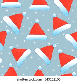Funny childish vector seamless pattern with Santa's hats. Merry Christmas and happy new year decorative endless texture