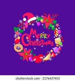 Funny childish violet greeting card with applique wreath for New Year and Xmas holidays with poinsettia, bagel, santa hat, candy, croissant and baubles