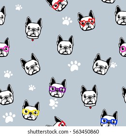 Funny Childish Wallpaper With Repeated Pattern Dogs. Creative Original Animals Seemless Backdrop. Funny Face French Bulldog With Sunglasses, Heart Necklace , Paw On Grey Background