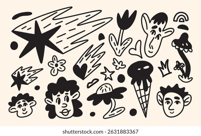 Funny Childlike Faces, Ice Cream Skull, Stars, Flowers, Mushrooms, Comets. Abstract Seamless Doodle Pattern with Nature and Fantasy Elements. Hand Drawn Black Line Vector Illustration.