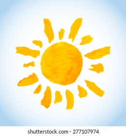 funny childlike watercolor sun on blue sky background