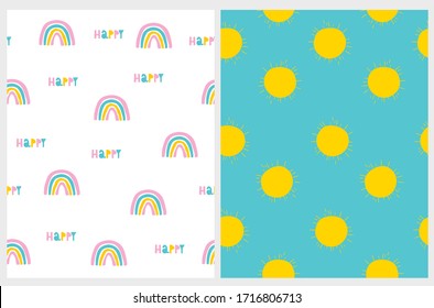 Funny Childlish Style Seamless Vector Patterns with Happy Rainbow and Sun. Lovely Print for Kids. Simple Cute Backdrop with Hand Drawn Sun on a Blue Sky and Sweet Rainbow on a White Background. 