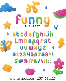 Funny Children Alphabet and Bright Balloon Font with Number and Punctuation Mark Vector Set