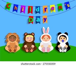Funny children in animal costumes. International Children's Day. Vector Illustration