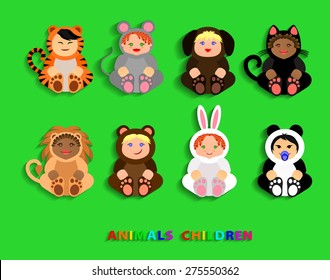 Funny children in animal costumes. Vector Illustration