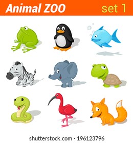 Funny children animals icon set. Kid language learning elements. Frog, penguin, fish, zebra, elephant, turtle, snake, ibis bird, fox.  Animal Zoo collection.
