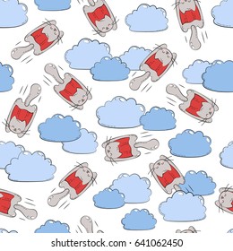 Funny children background, texture, pattern with flying cat in a cape. Superhero flies among the clouds. Seamless cartoon doodle wallpapers. Flight of comic cat. Template for card, web design. 