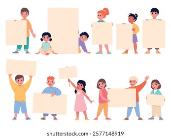 Funny children with blank banners. Cartoon kids hold paper sheets or posters, happy boys and girls showing boards for messages, empty advertising placard, characters with billboard vector set