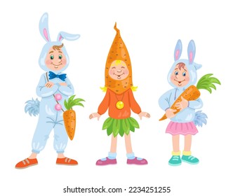 Funny children in carnival costumes. Two rabbits and one cute carrot. Suits for a school party. In cartoon style. Isolated on white background. Vector illustration.