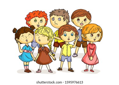 Funny children choir isolated on white. Cartoon boys and girls singing song together. Cute kids performing in kindergarten or school. Chorus performance. Little artists. Vector flat illustration