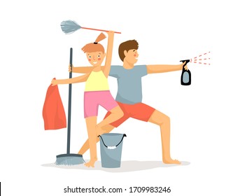 Funny children cleaning house like warriors. Kids housework motivation. Young boy and girl with duster, broom, bucket and spray humorous cartoon. Vector flat illustration