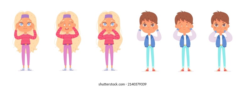 Funny children close mouth, eyes and ears set vector illustration. Cartoon cute girls and boys cover body parts with arms like 3 wise monkeys isolated on white. Do not see, speak and hear concept