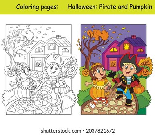 Funny children in costumes of pumpkin and pirate. Halloween concept. Coloring book page for children with colorful template. Vector cartoon illustration. For print, decor, preschool education and game