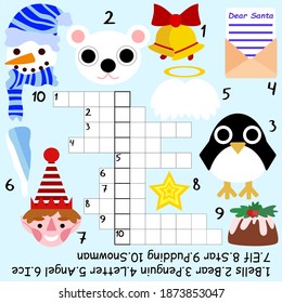Funny children crossword stock vector illustration. Educational word game with answer below for kids. Christmas mood puzzle with keyword - Santa Claus. Funny game in English with elf, penguin and more